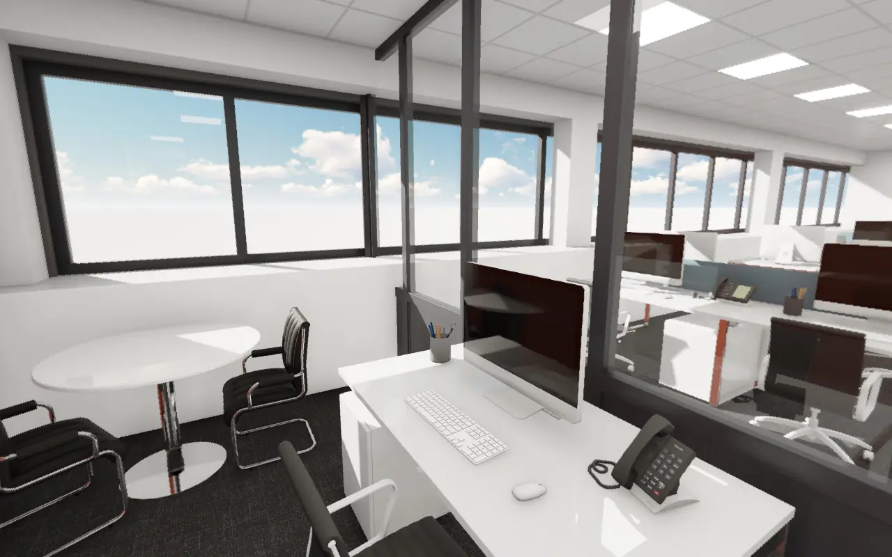 Bureau individuel avec poste de travail et table ronde de réunion, en image de synthèse
