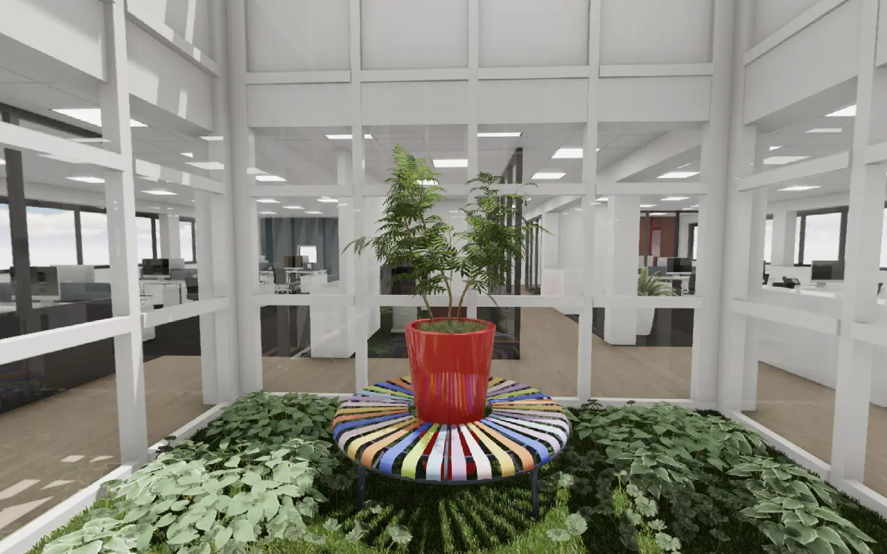 Cour anglaise plantée au centre du plateau, banc circulaire et vitrages sur les bureaux, en image de synthèse