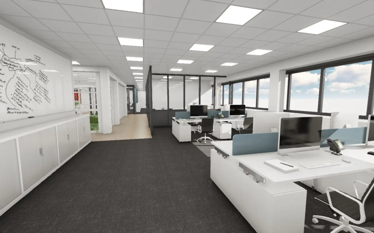 Plateau de bureaux en open space avec postes de travail et grandes baies, en image de synthèse