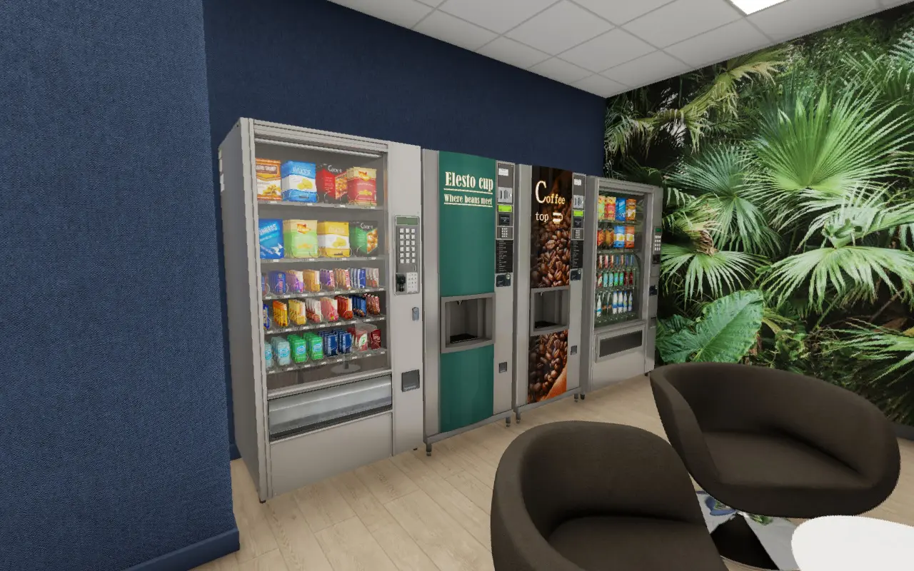 Salle de pause avec distributeurs, fauteuils et mur végétal, en image de synthèse