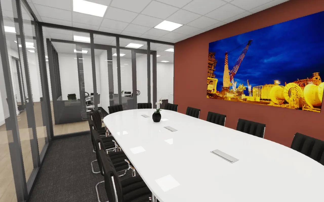 Salle de réunion avec grande table ovale blanche et mur rouge brique, en image de synthèse