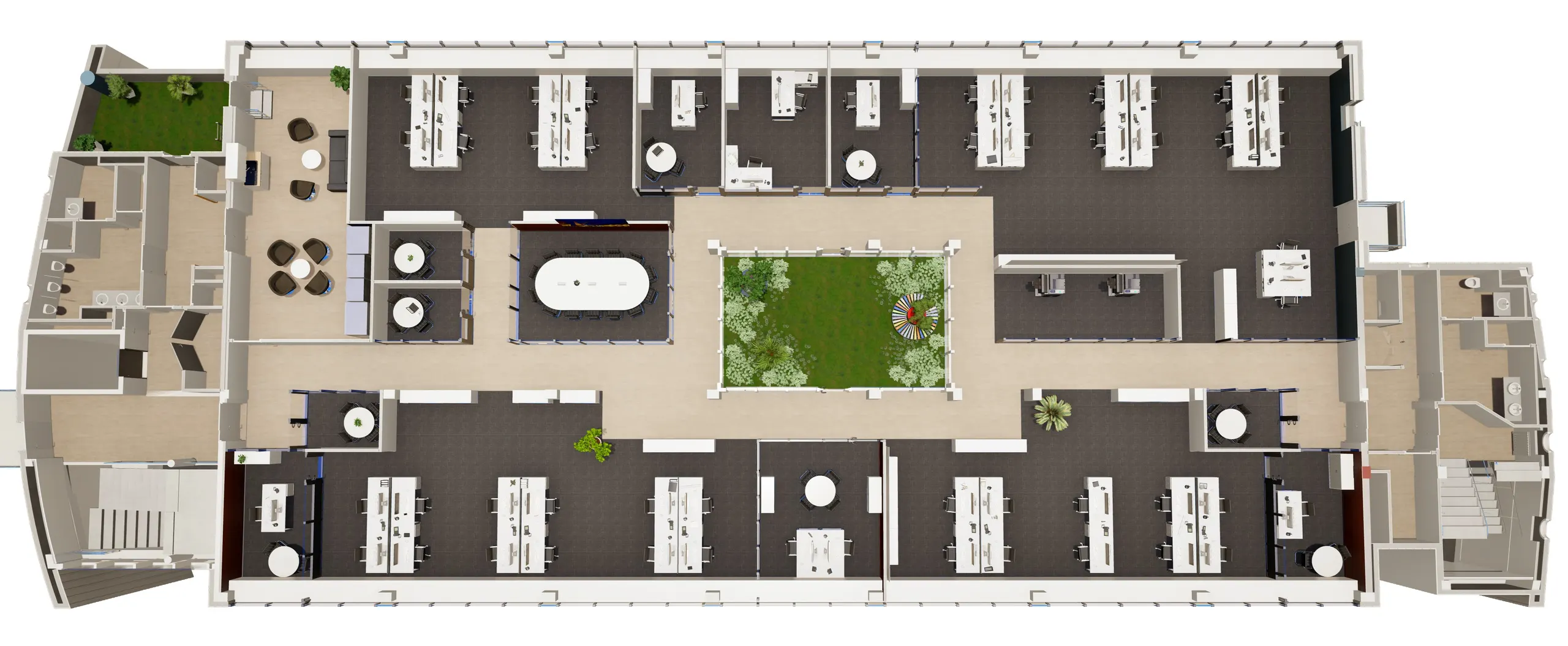 Vue en plan 3D du plateau de bureaux d’Artelia : postes de travail, salle de réunion, salle de pause, cour anglaise plantée et terrasse