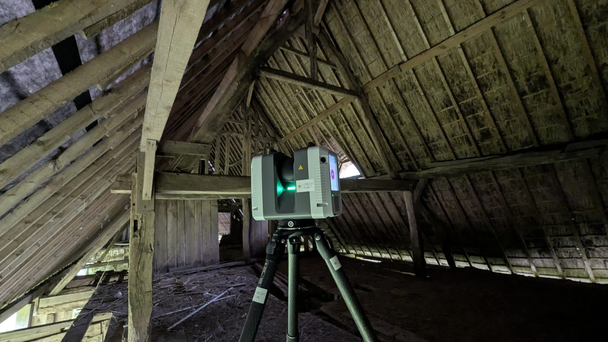 Charpente en bois d’une grange, relevée au scanner laser